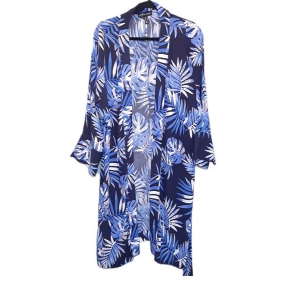 LOVE & LEGEND Tropical Swim Cover Blue Belted Robe Long Sleeve Womens Plus Size - Picture 1 of 13